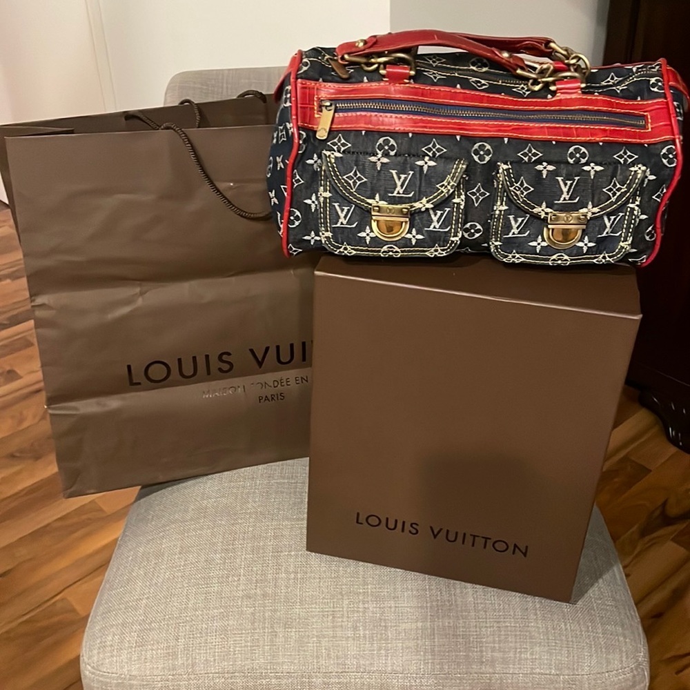 Louis Vuitton Denim Neo Speedy Red Lizard Exotic trim Limited Edition Rare!